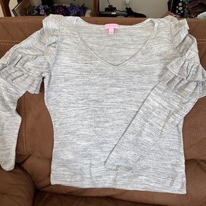 Lilly Pulitzer L Gray Ruffle V-Neck Sweater